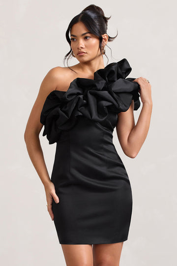 At The Opera Black Satin One Shoulder Ruffled Mini Dress